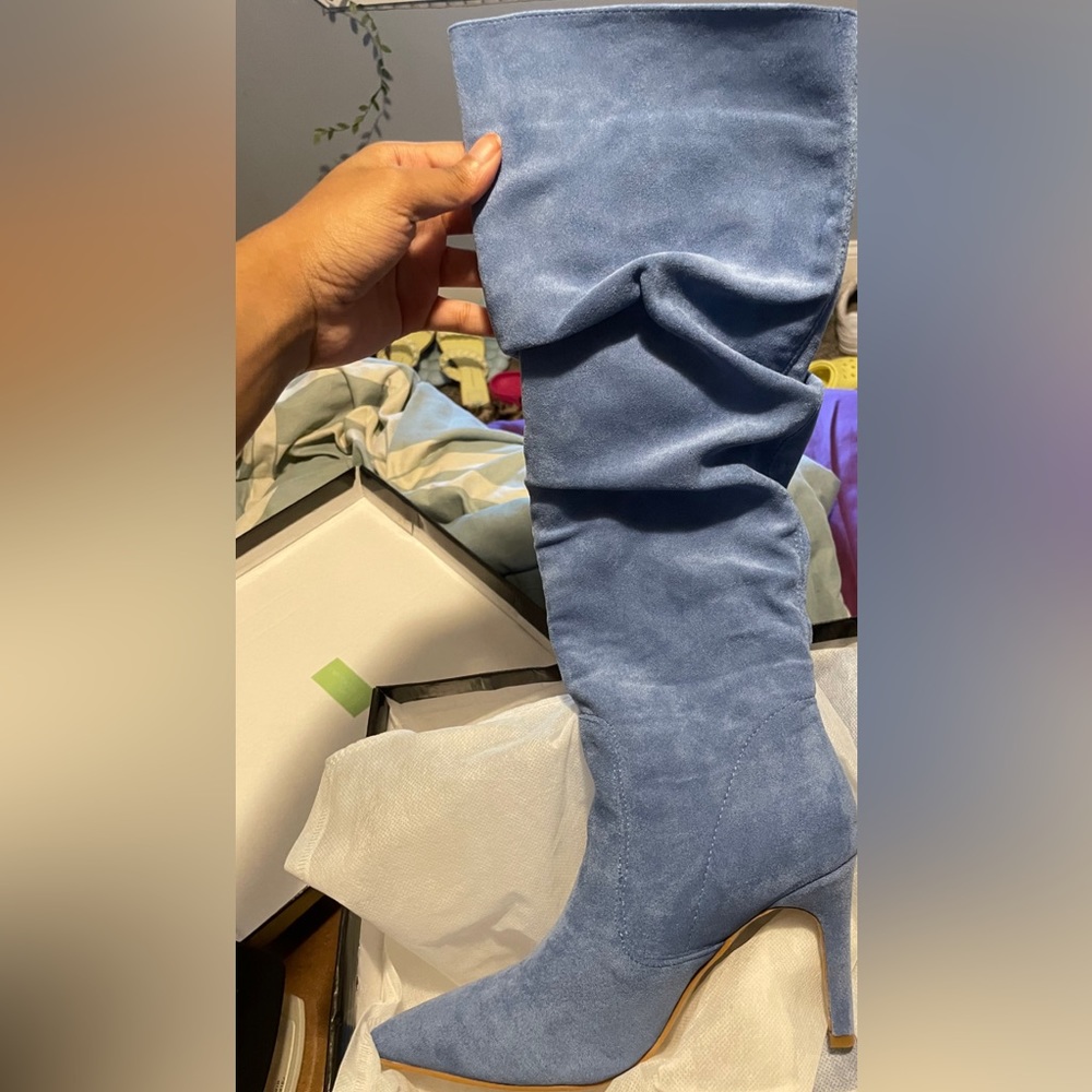 Dusty blue high heel boots